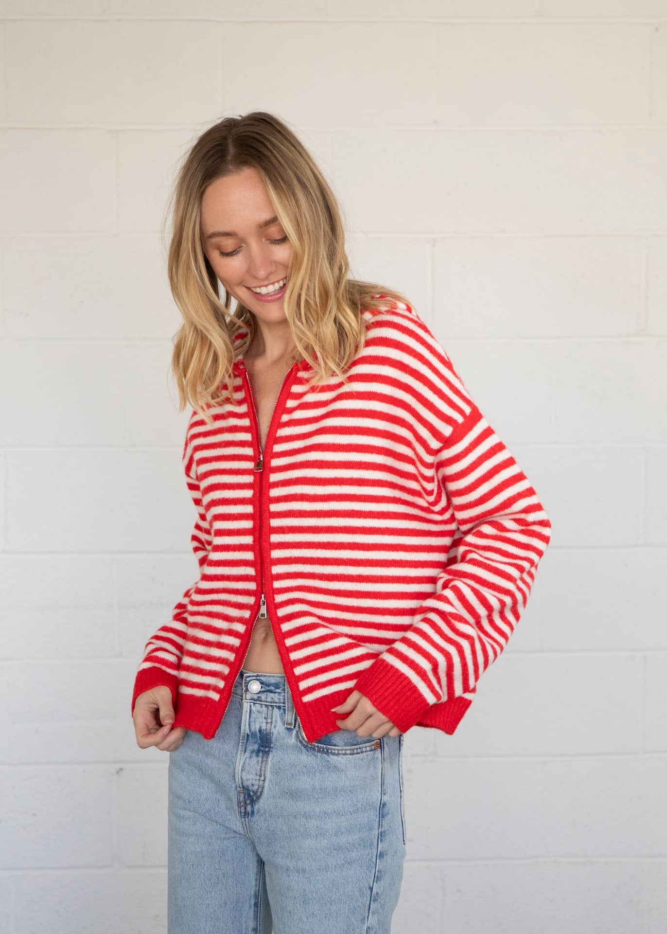 Red & White Zip Up Hoodie