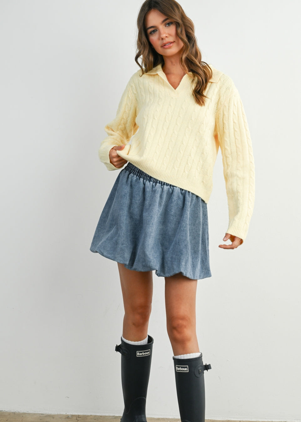 Cable Knit V-Neck Collared Long Sleeve