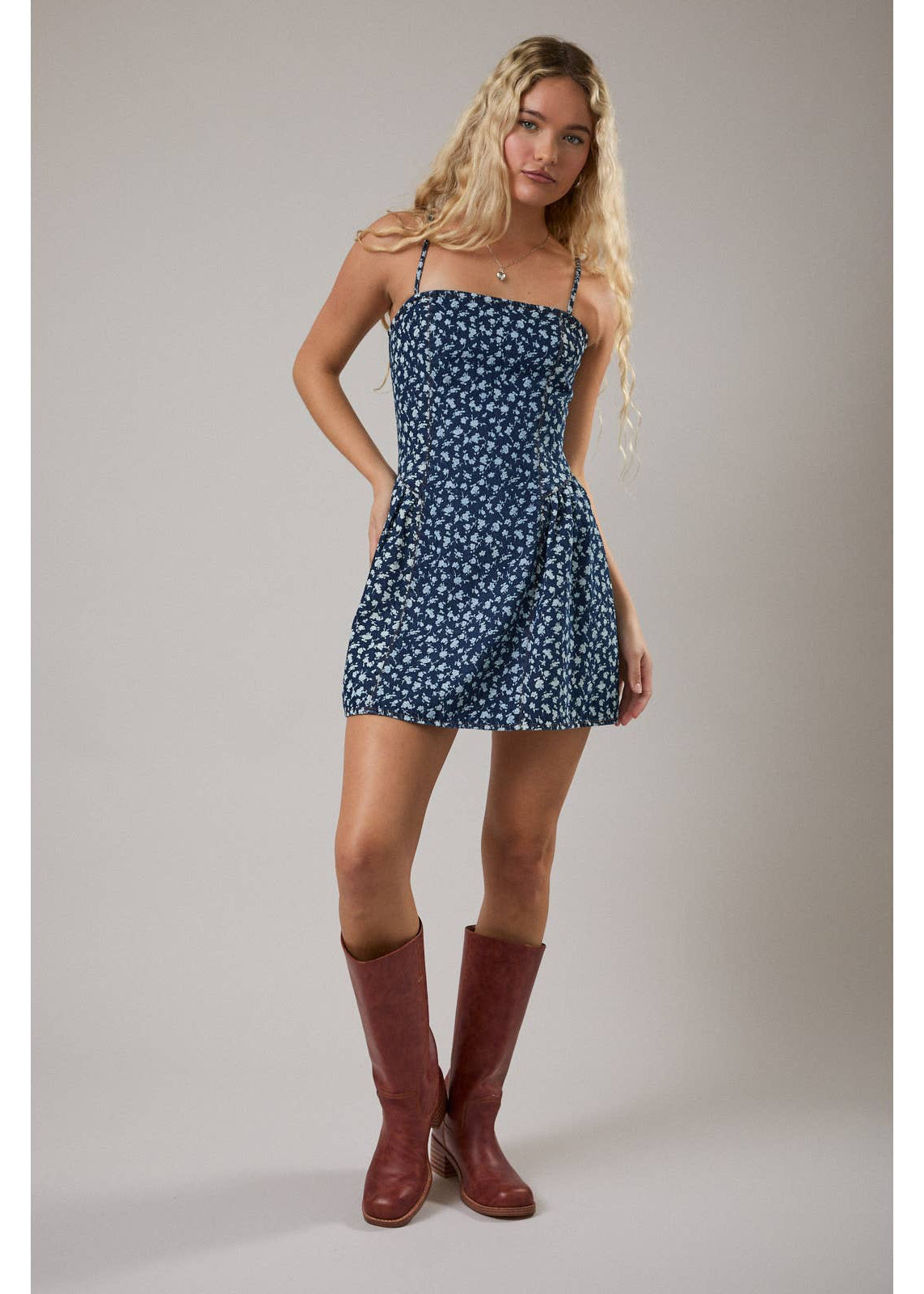 Spaghetti Strap Drop Waist Denim Mini Dress