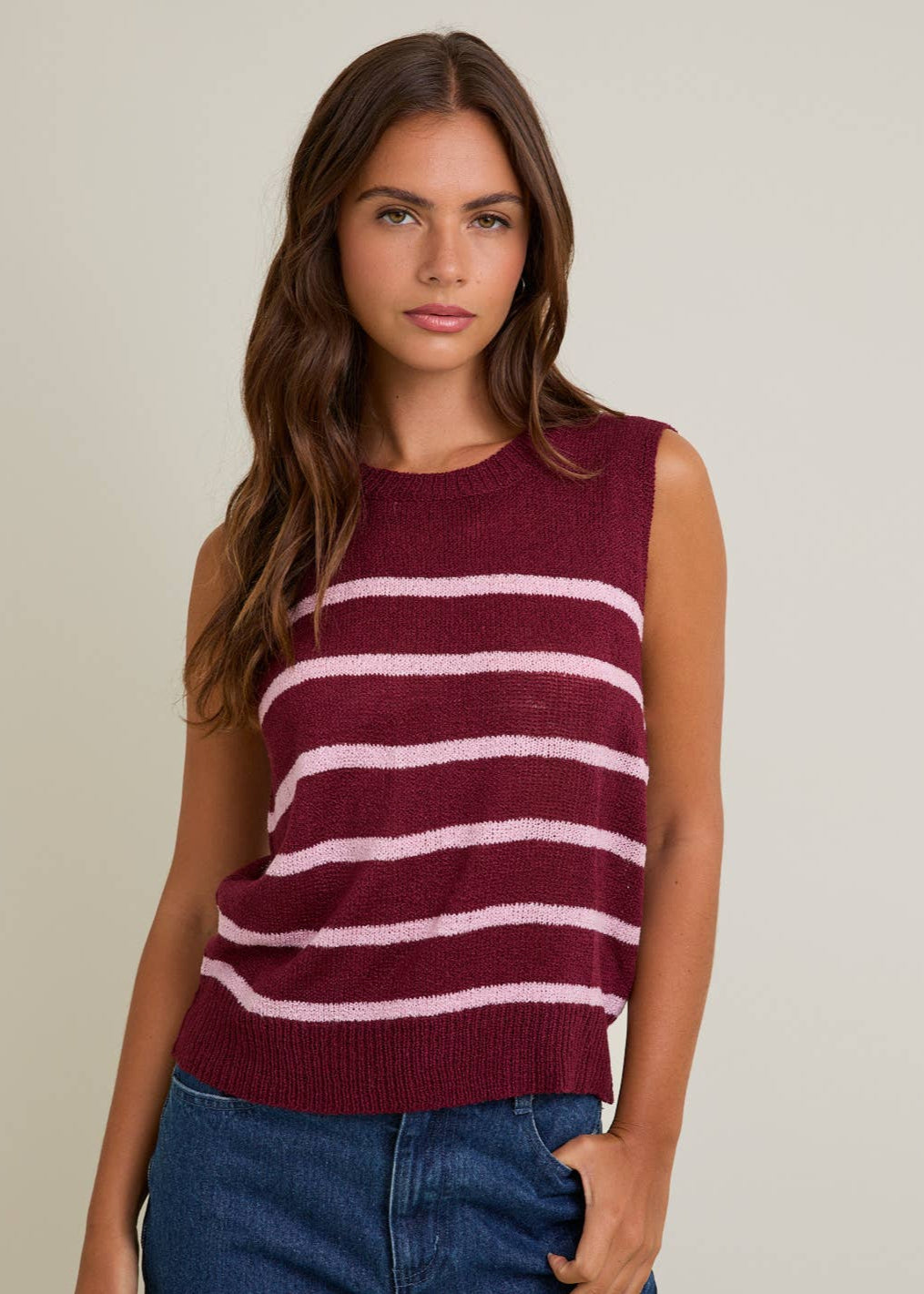 Striped Round Neck Sleeveless Sweater Top