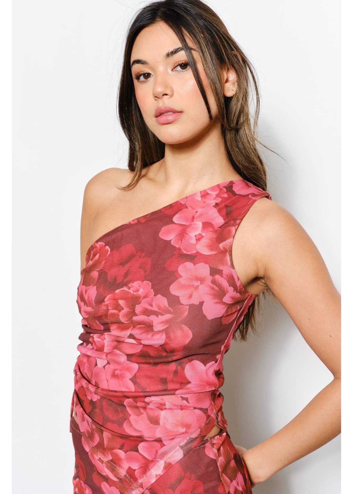 Floral Mesh Top w/ Asymmetric Neck Line