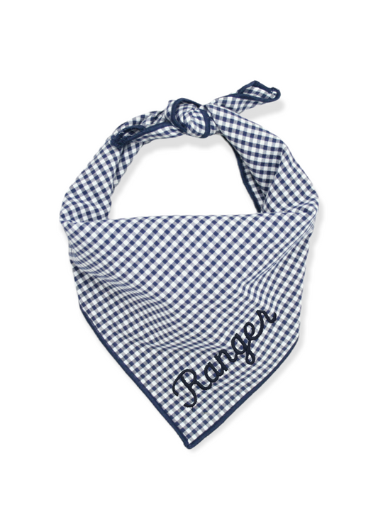 Embroidered Dog Bandana: Navy Blue in Gingham