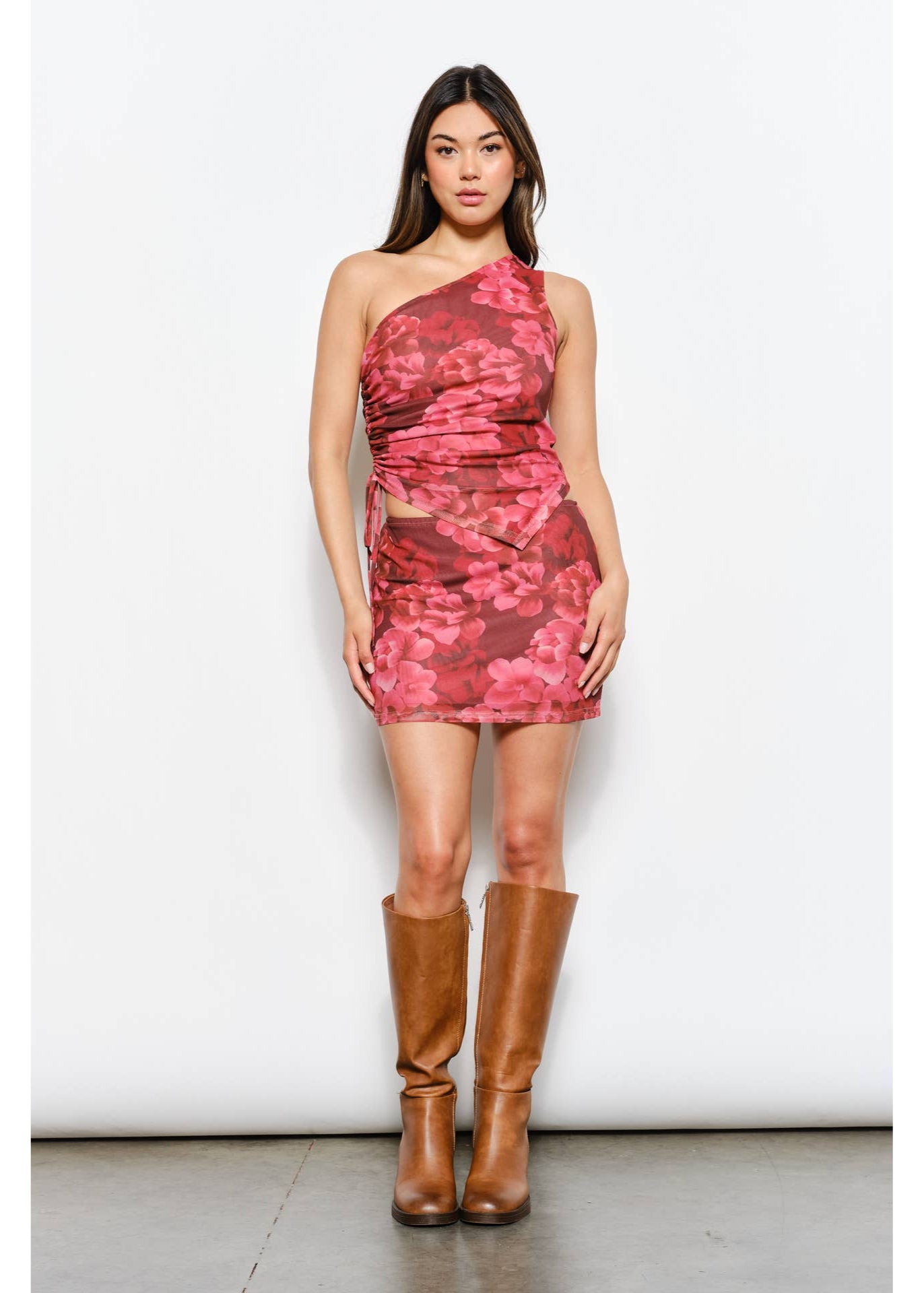 Floral Mesh Top w/ Asymmetric Neck Line