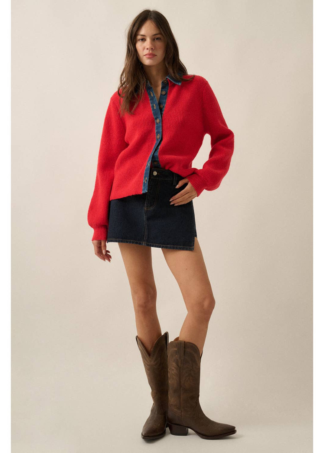 Ribbed Knit and Denim Button Up Cardigan