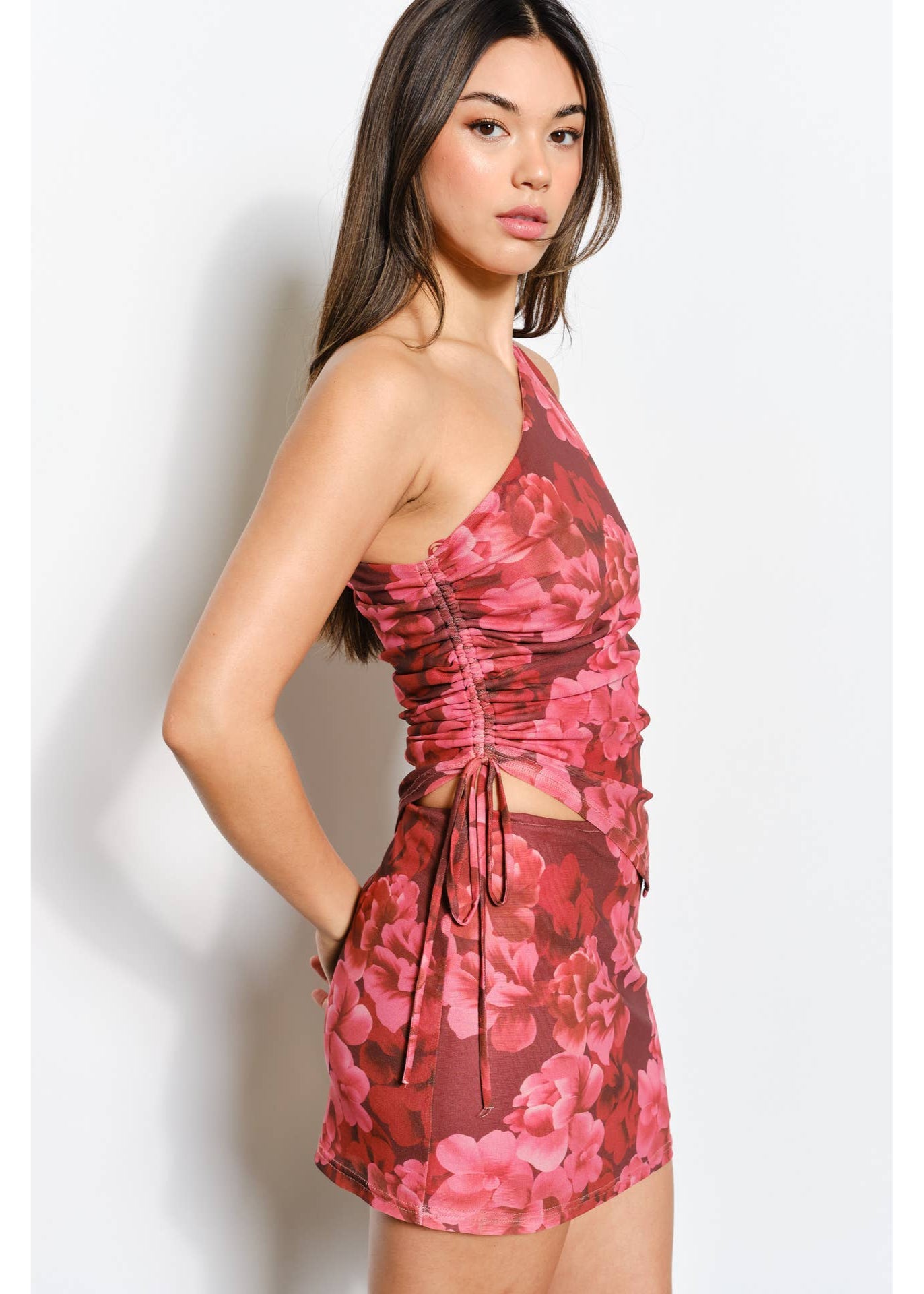 Floral Mesh Top w/ Asymmetric Neck Line