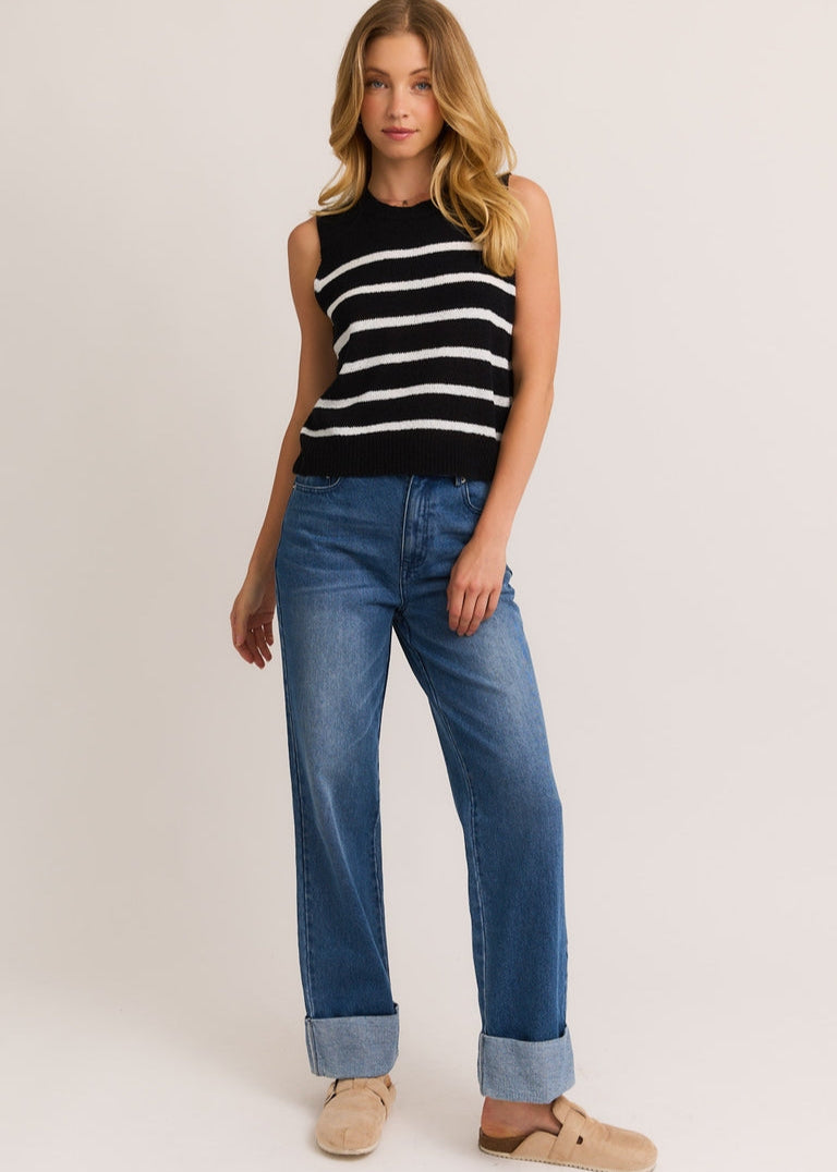 Striped Round Neck Sleeveless Sweater Top