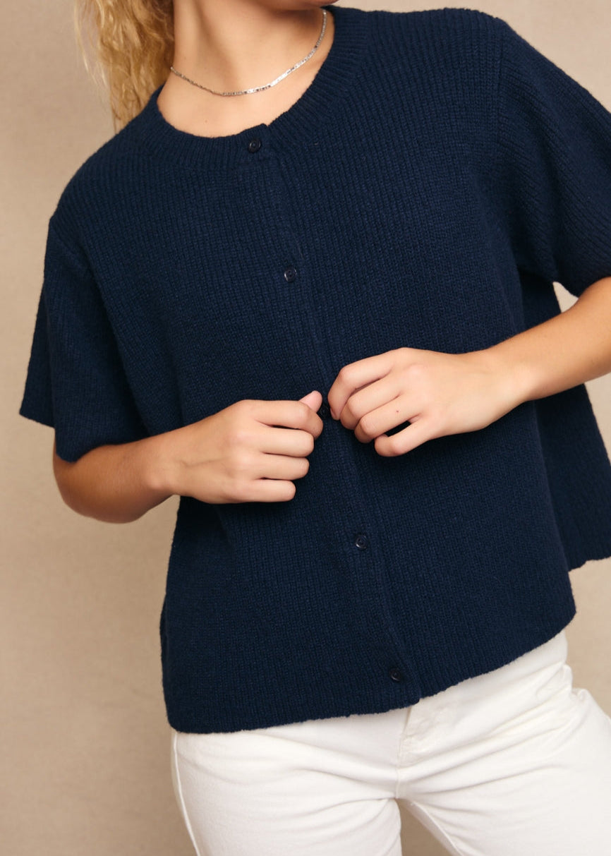 Round Neck Short Sleeve Sweater Cardigan