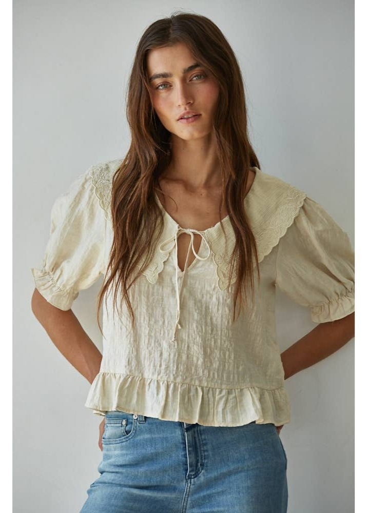 Woven Embroidered Wide Collar Blouse
