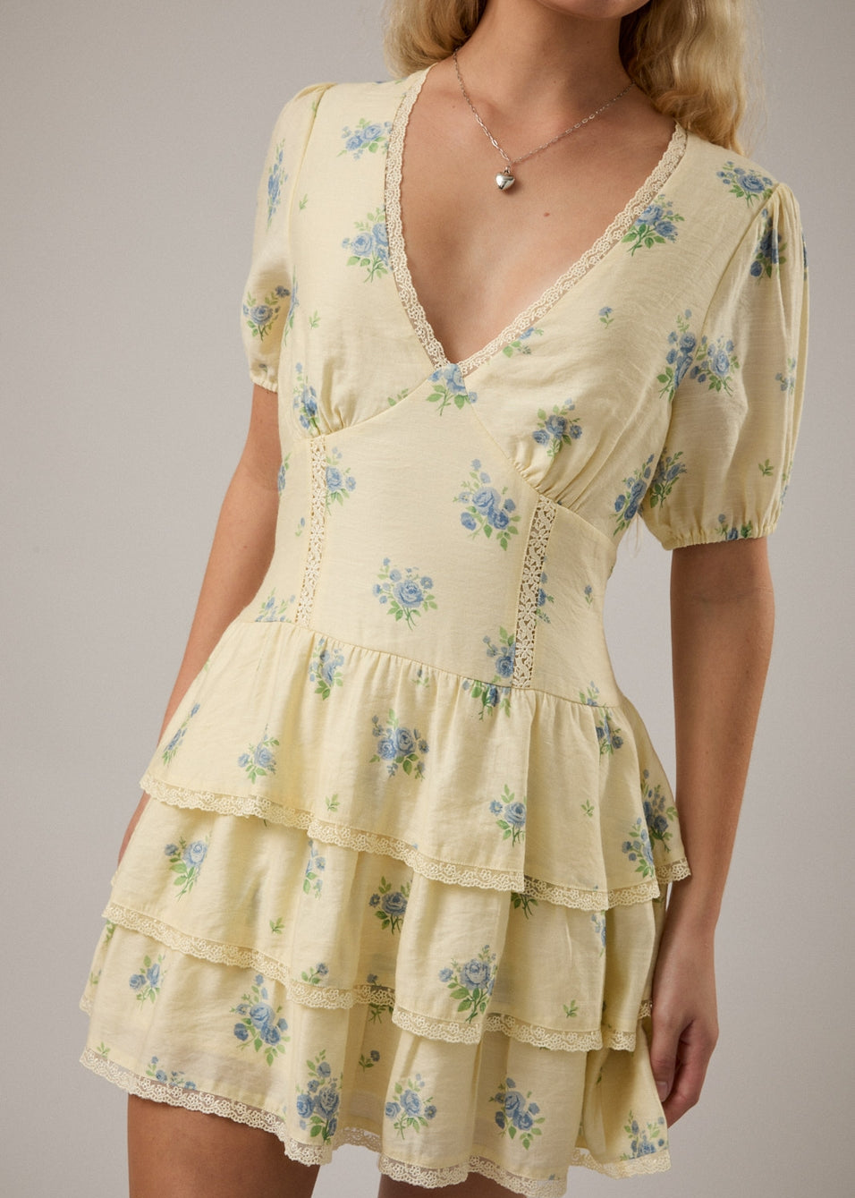 Puff Short Sleeve V-Neck Tiered Dress