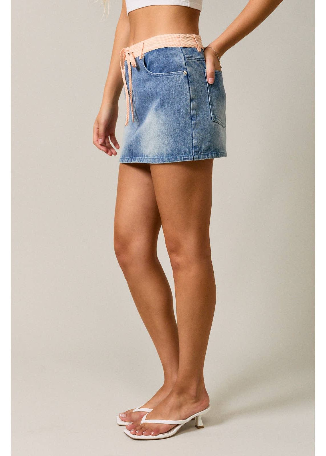 Mid Waist Denim Skirt with Gingham Waist