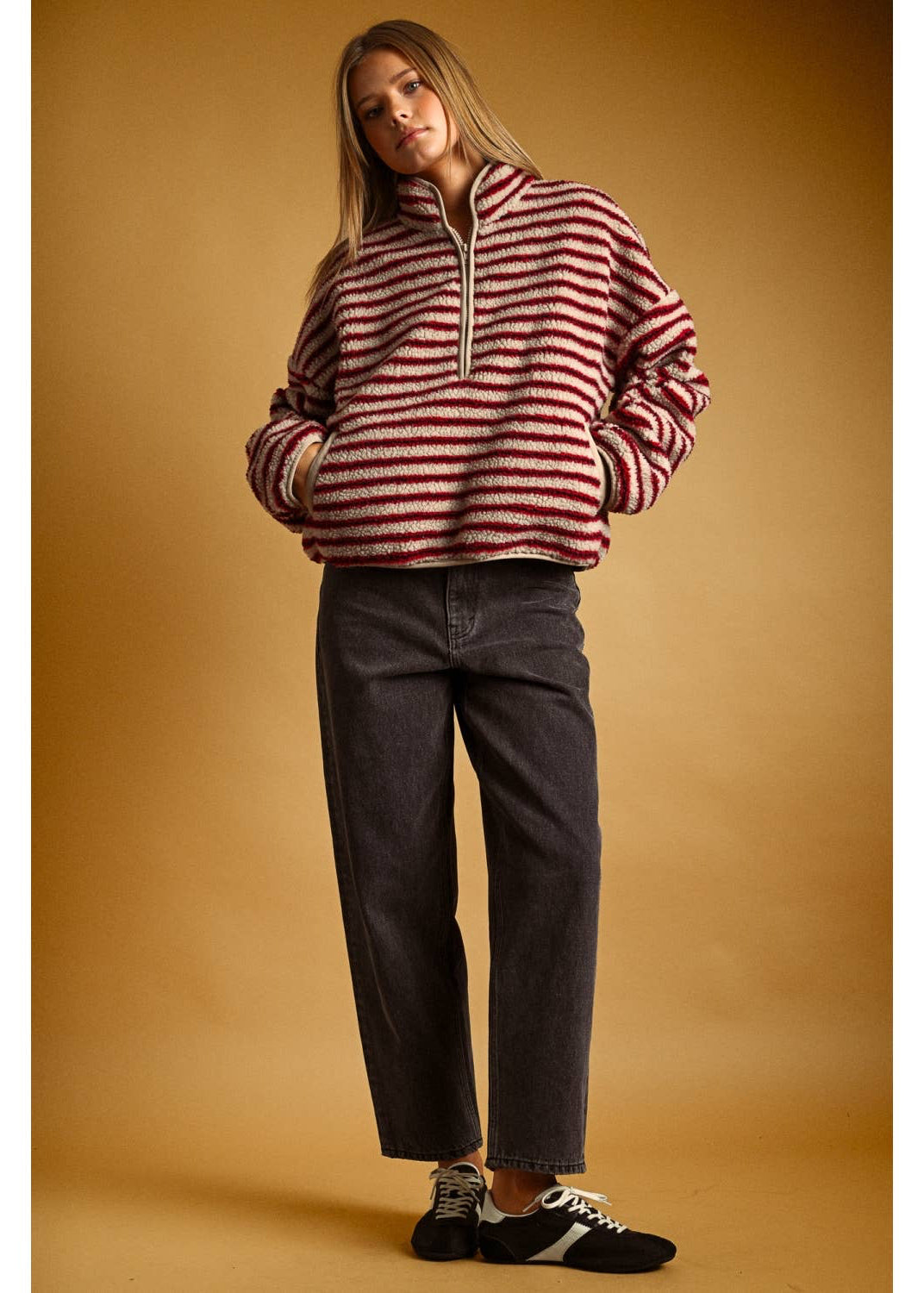 Multi Stripe Sherpa Half Zip Pullover in Red