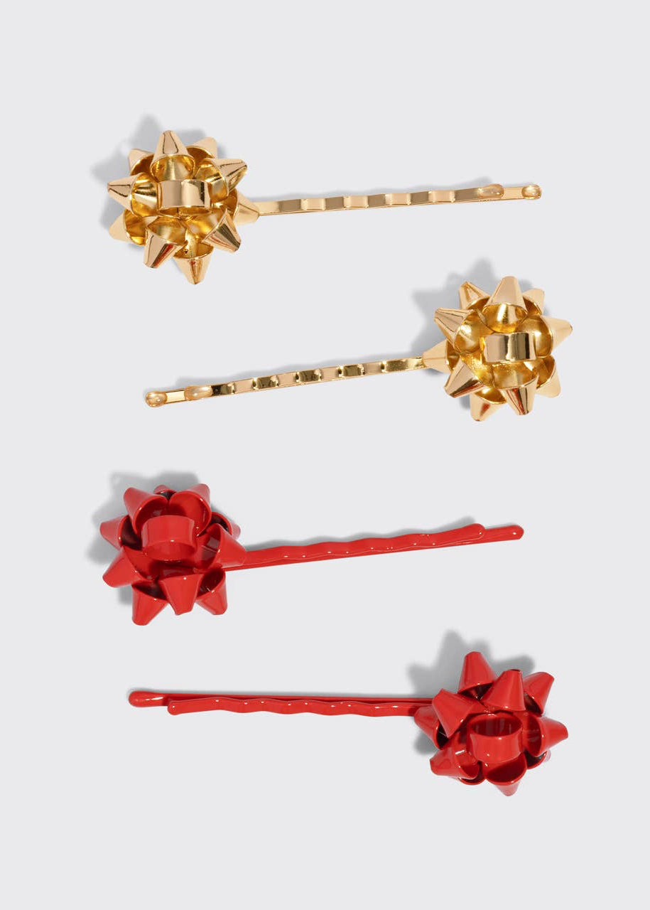 Metal Gift Bow Bobby Pins 4pc Set