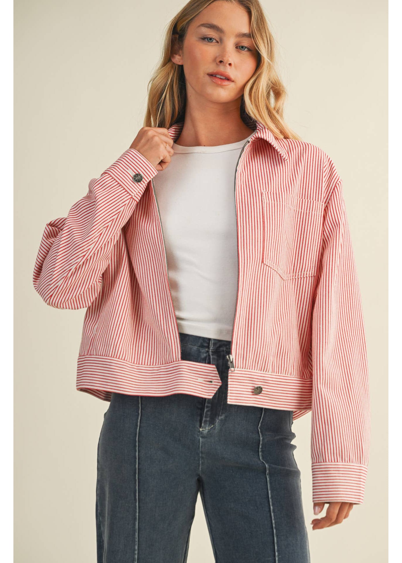 Red & White Striped Zip Up