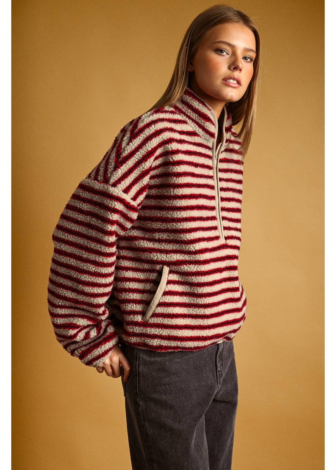 Multi Stripe Sherpa Half Zip Pullover in Red