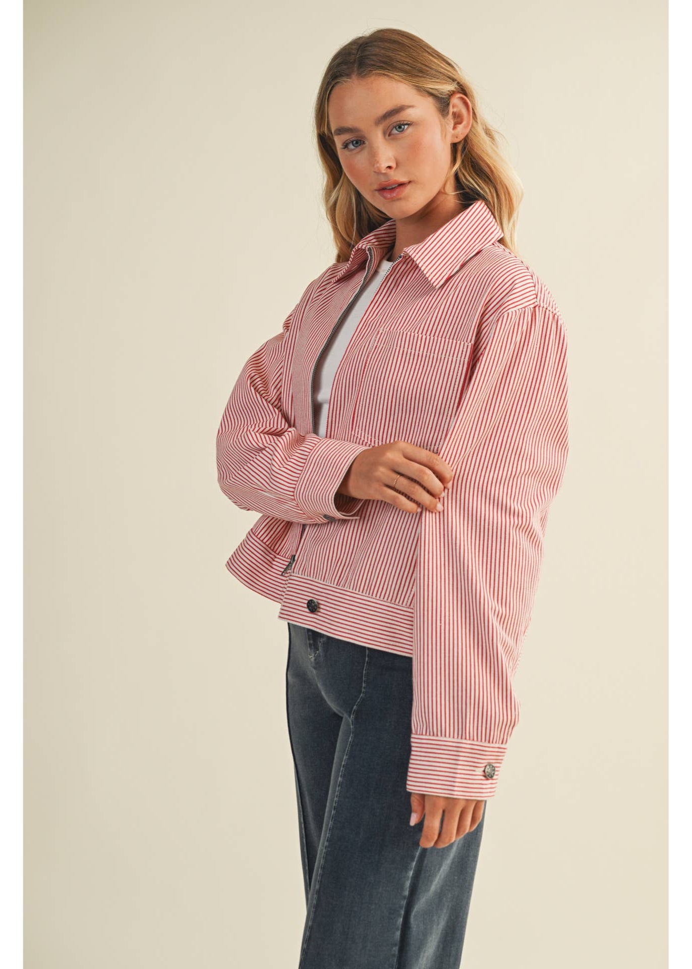 Red & White Striped Zip Up