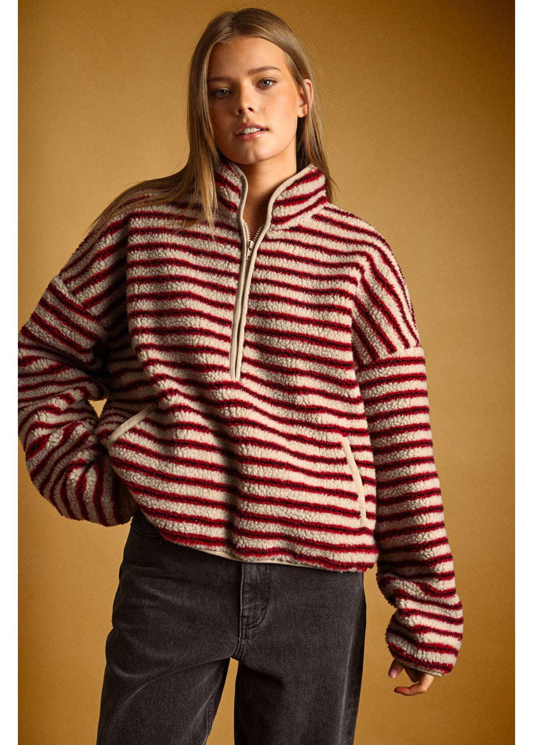 Multi Stripe Sherpa Half Zip Pullover in Red
