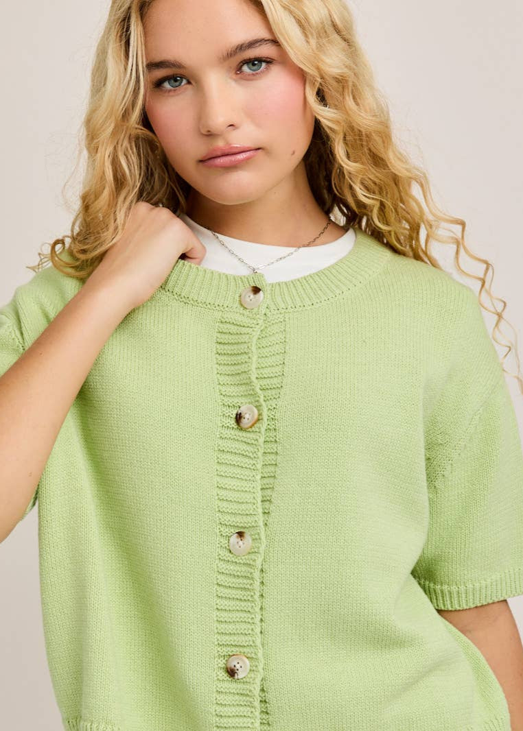 Short Sleeve Sweater Cardigan in Light Green