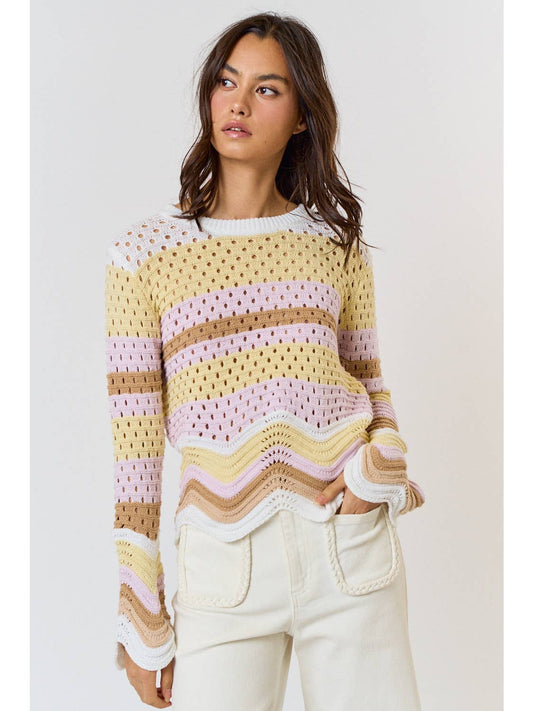 Wavy Multi Color Sweater Top with Scallop Hem Detail