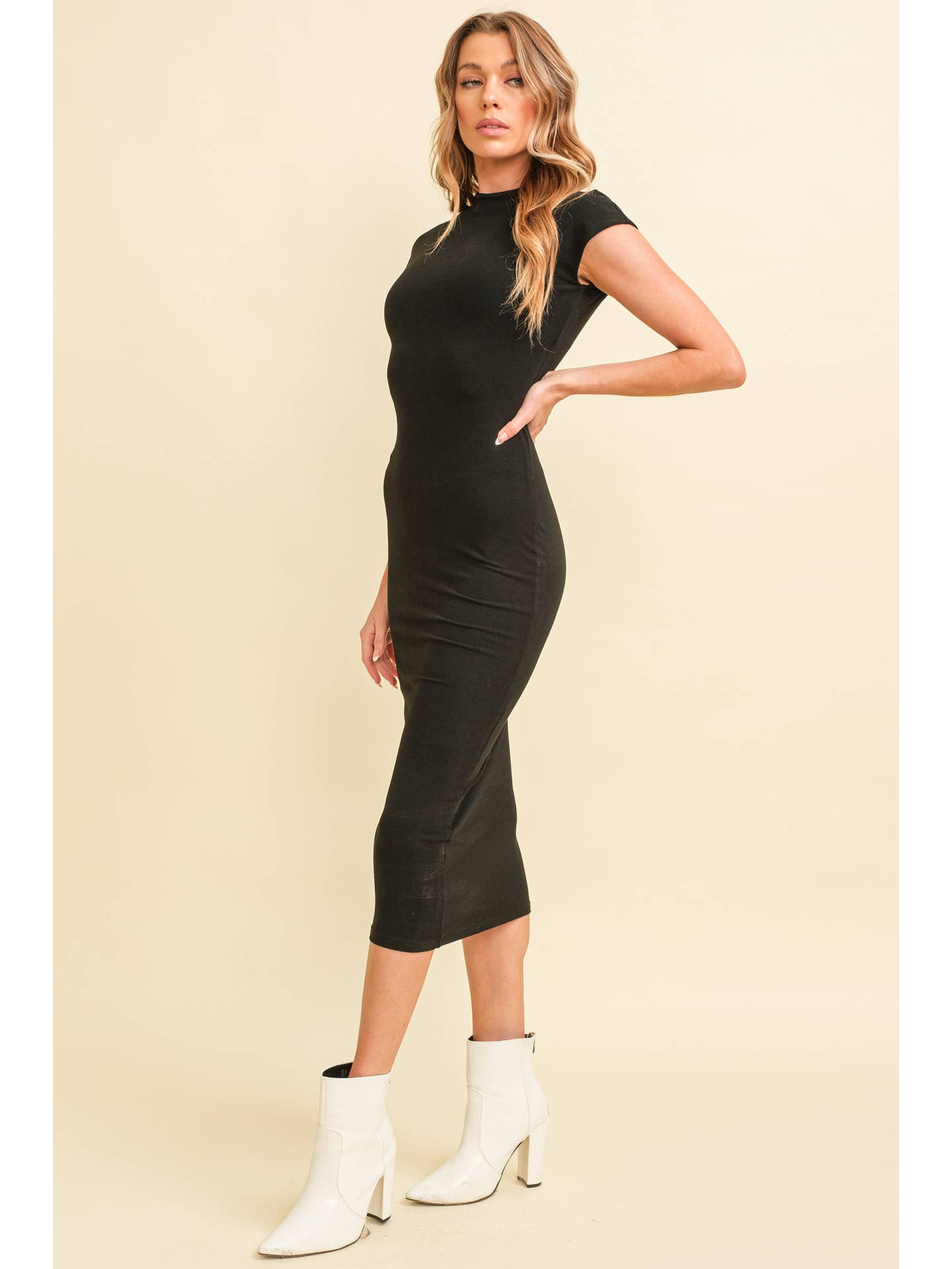 Cap Sleeve Midi Dress in Black