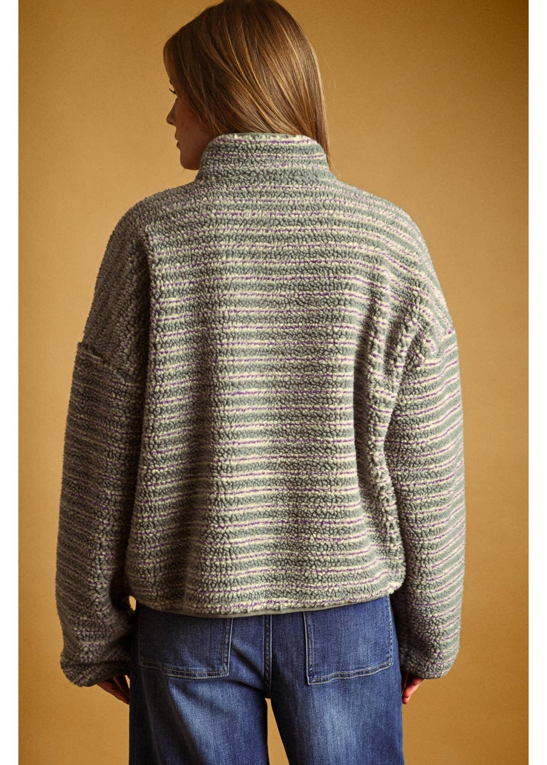 Multi Stripe Sherpa Half Zip Pullover in Grey/Purple
