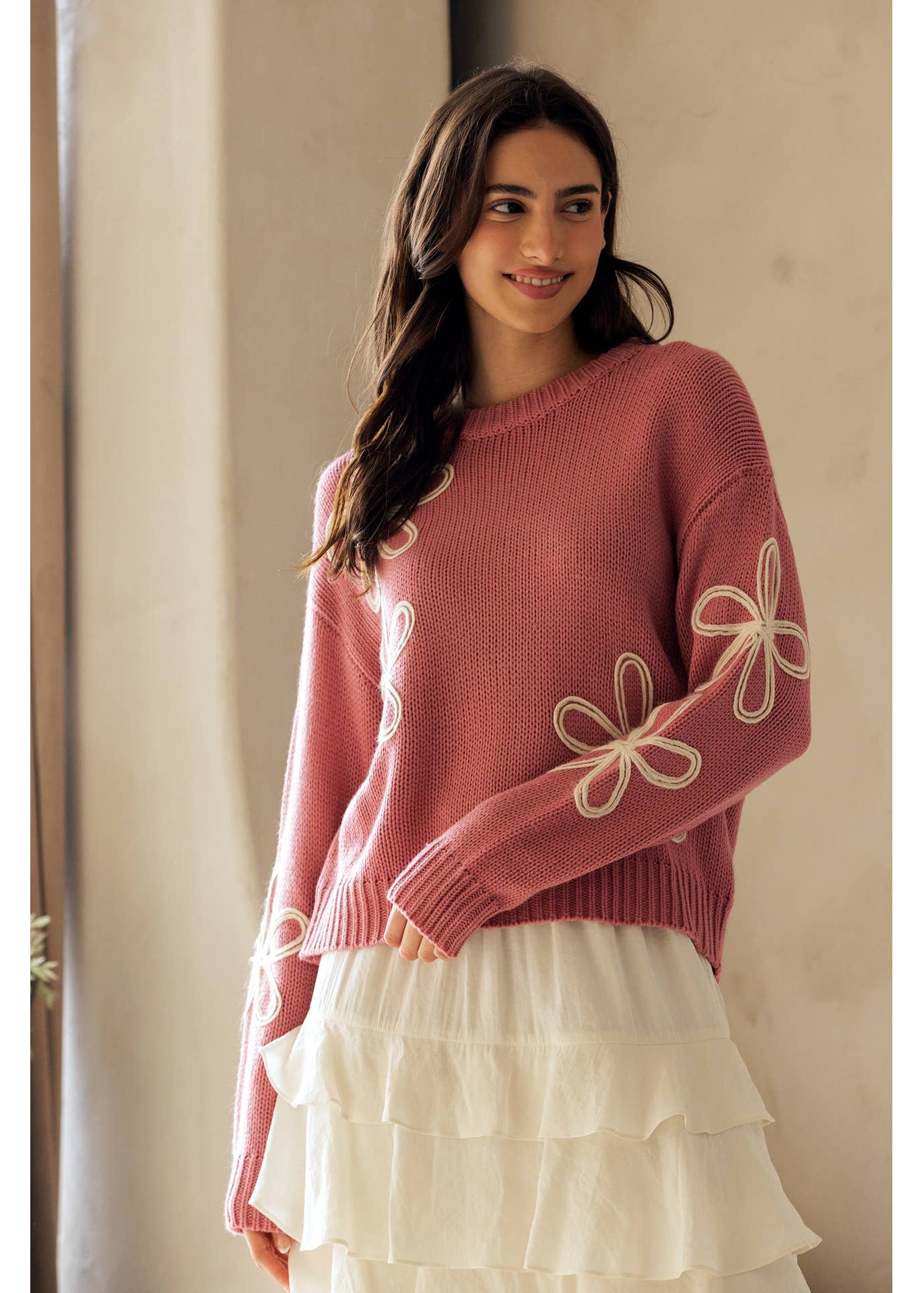 Floral Detail Crewneck Sweater in Pink