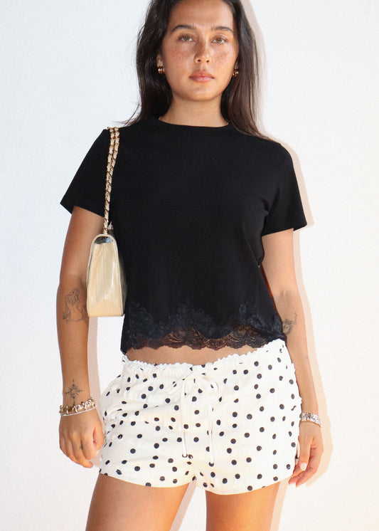 Lace Trim Short Sleeve Tee in Black