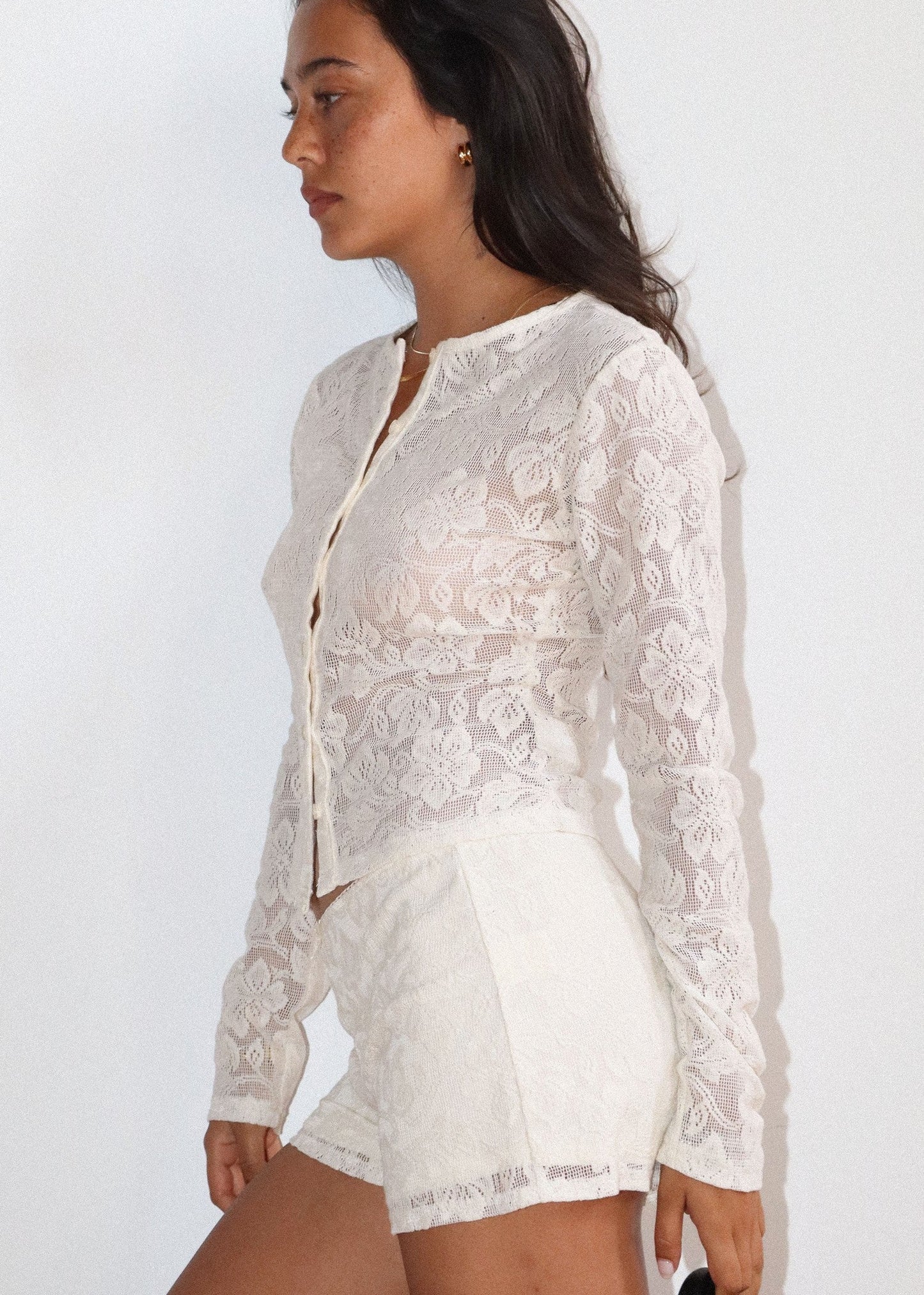 Lace Button Front Cardigan in White