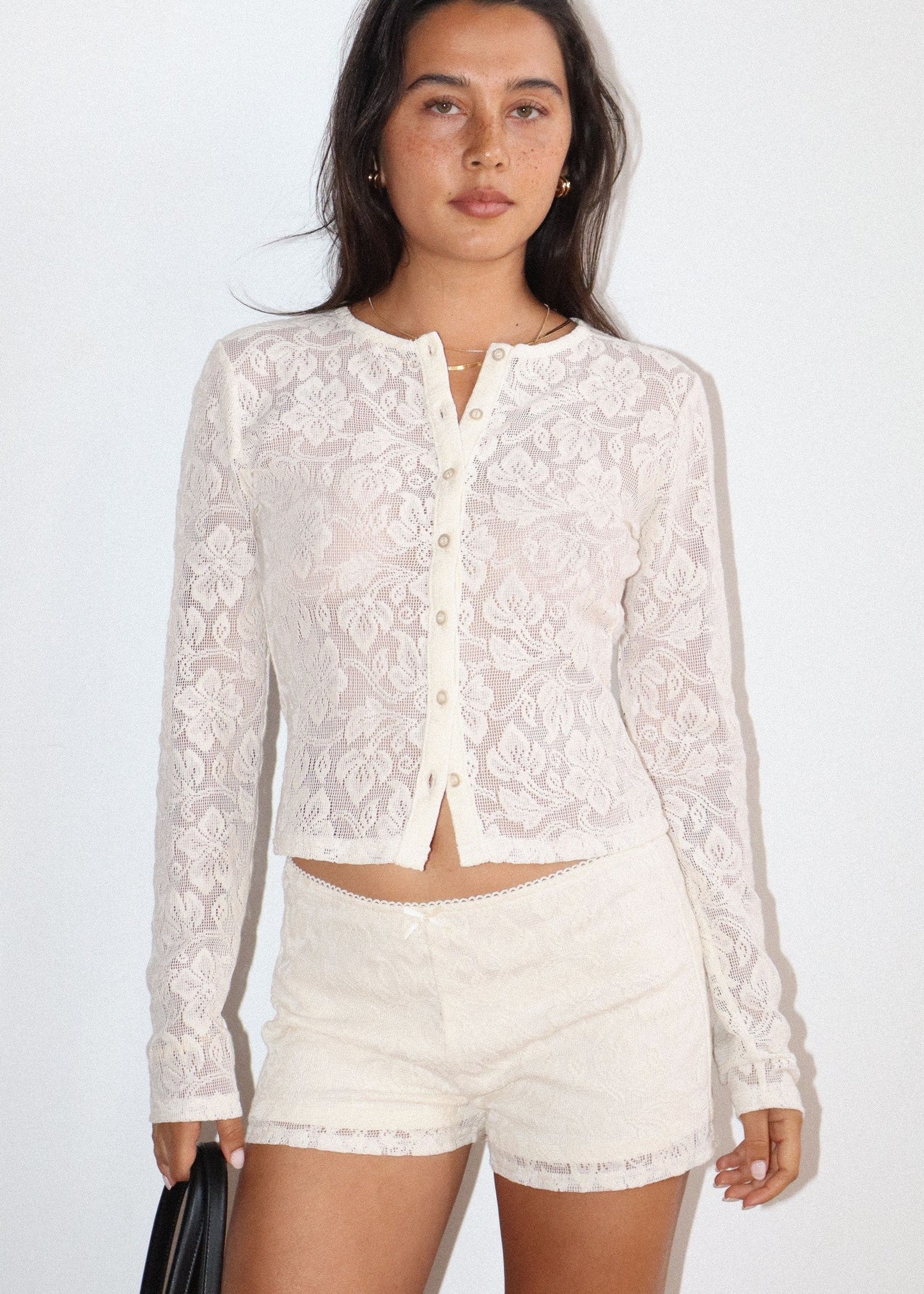 Lace Button Front Cardigan in White