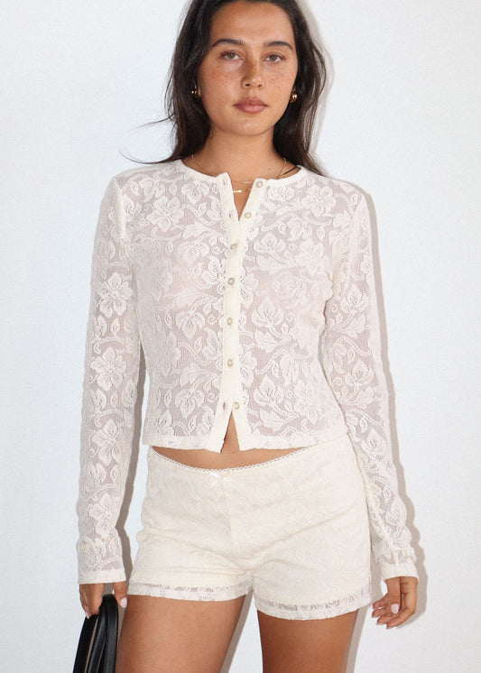 Lace Button Front Cardigan in White