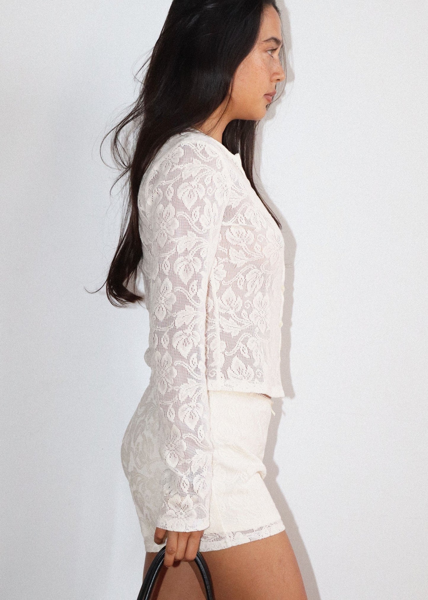 Lace Button Front Cardigan in White