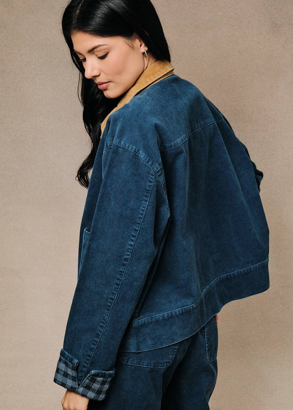 Contrast Collar Plaid Cuff Corduroy Button Front Barn Jacket