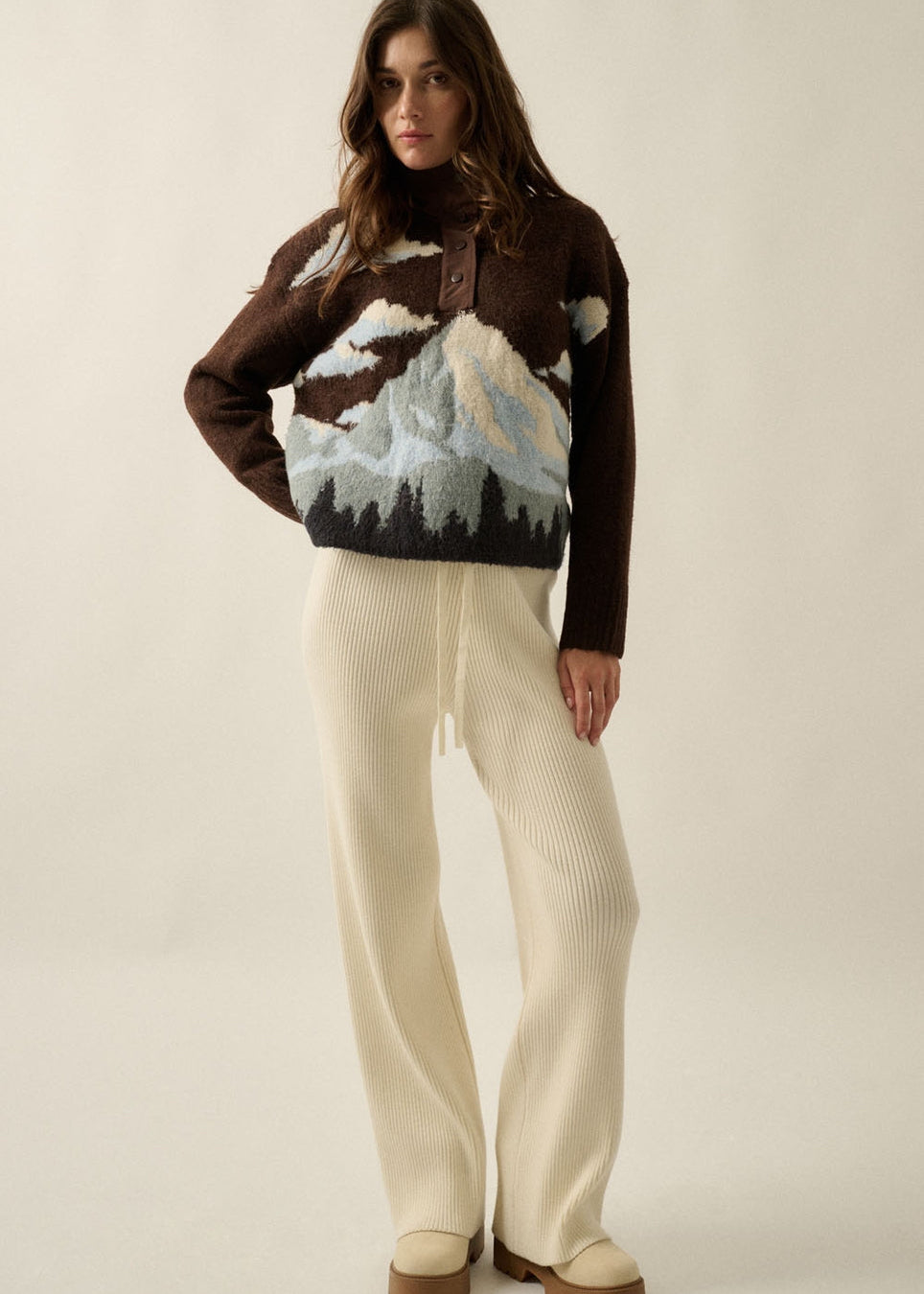 Jacquard-Knit Landscape Quarter-Zip Pullover Sweater Jacket