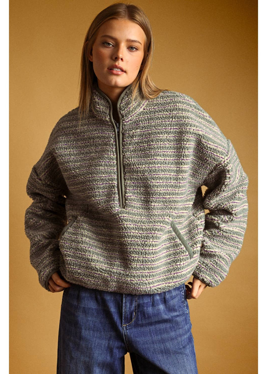 Multi Stripe Sherpa Half Zip Pullover in Grey/Purple