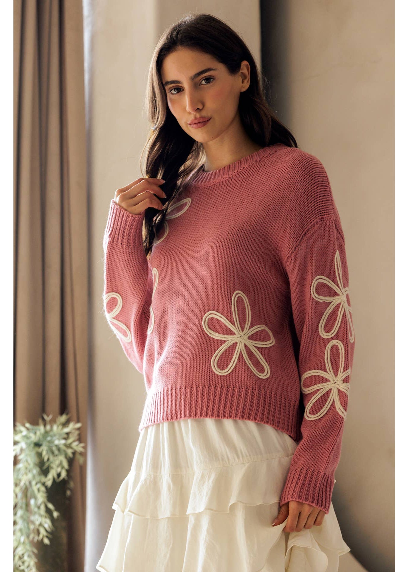Floral Detail Crewneck Sweater in Pink