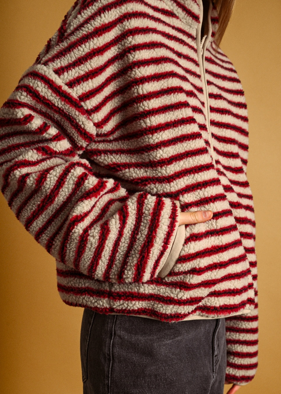 Multi Stripe Sherpa Half Zip Pullover in Red