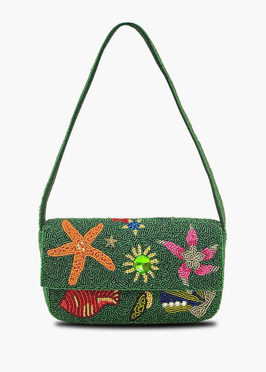 Emerald Sea Life Beaded Shoulder Bag