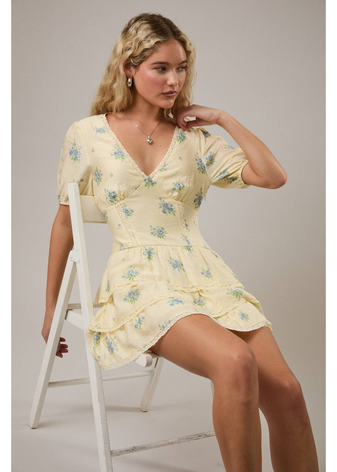 Puff Short Sleeve V-Neck Tiered Dress