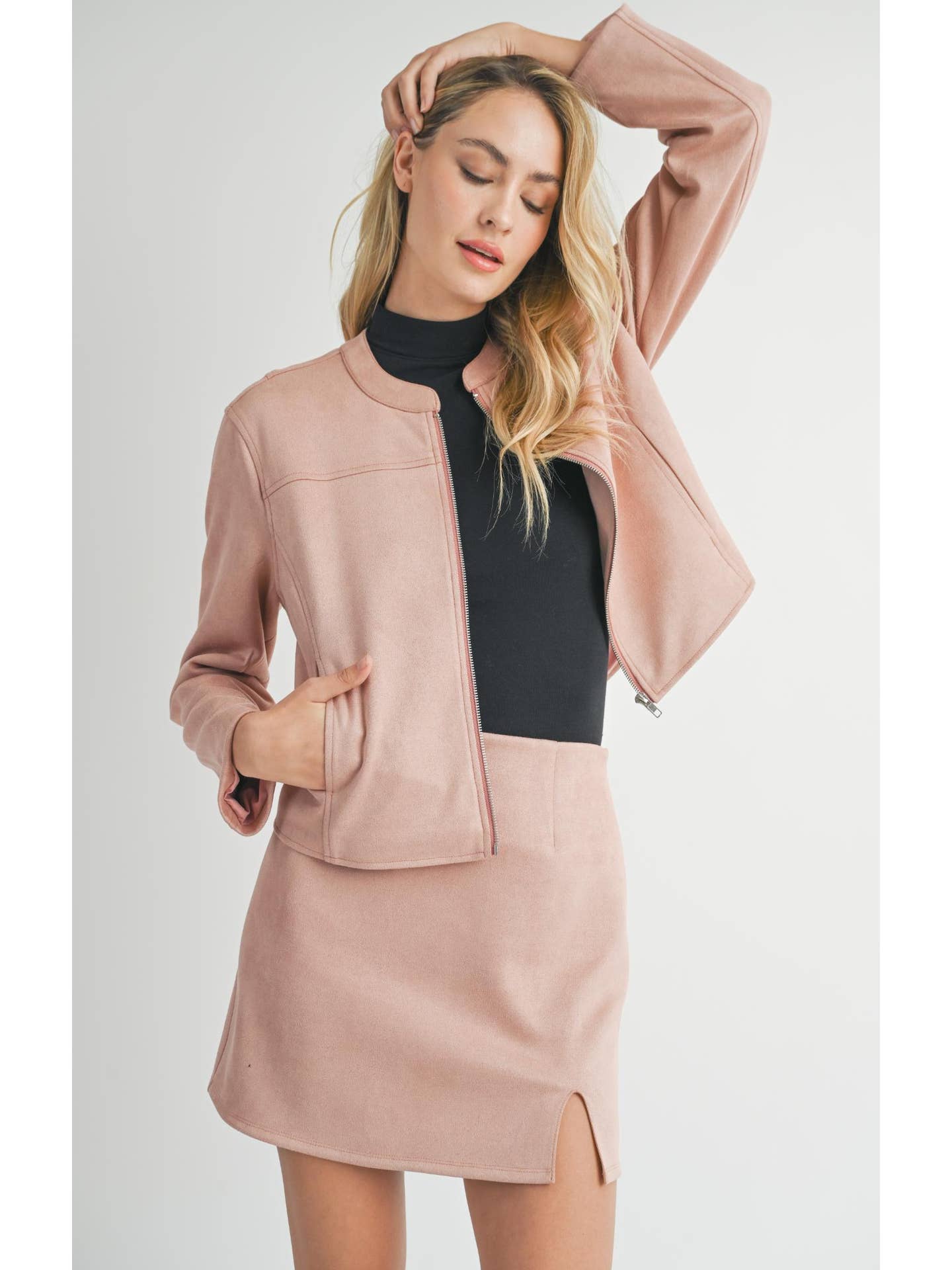 Faux Suede Moto Jacket: Rose Pink