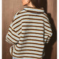 Striped Collared Button Oversized Fleece Pullover