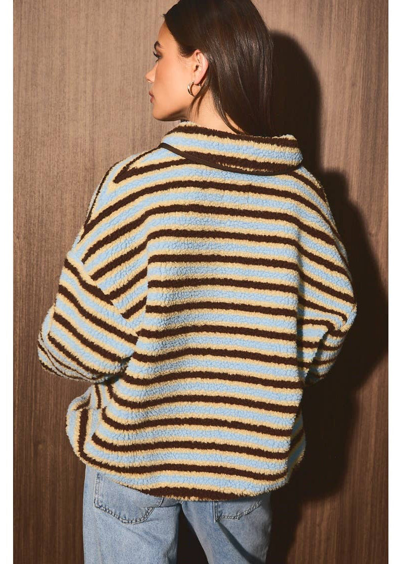 Striped Collared Button Oversized Fleece Pullover