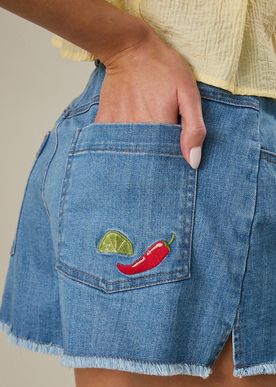 Chili & Lime Embroidered Denim Style Shorts