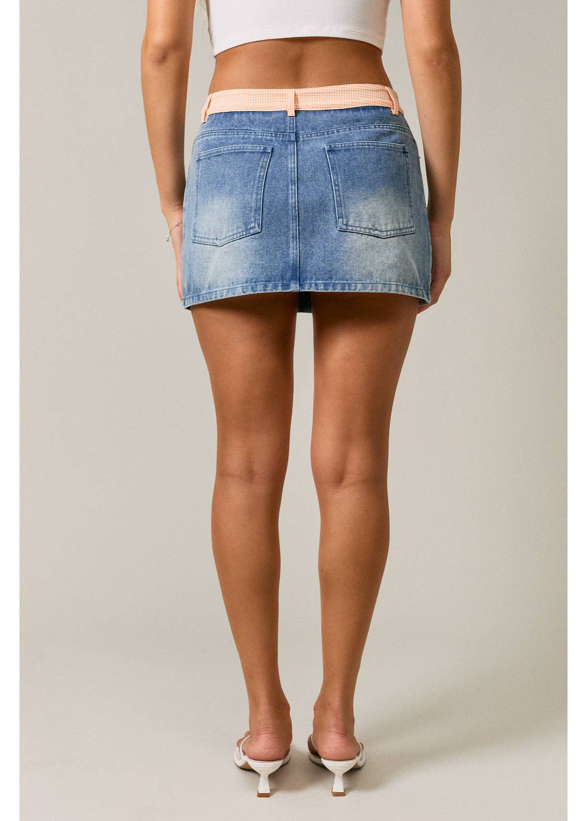 Mid Waist Denim Skirt with Gingham Waist
