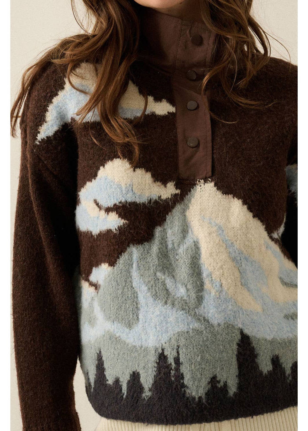 Jacquard-Knit Landscape Quarter-Zip Pullover Sweater Jacket