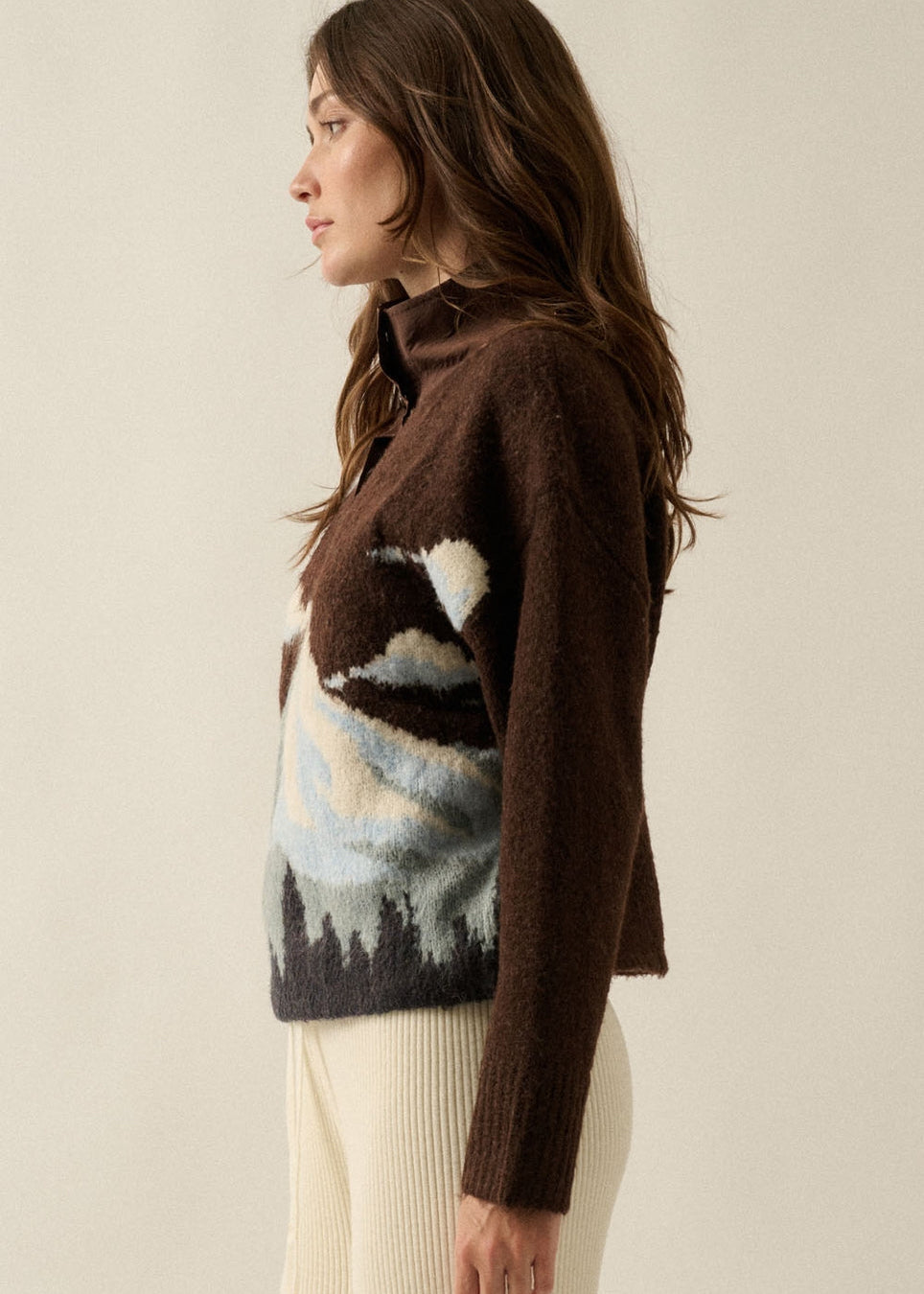 Jacquard-Knit Landscape Quarter-Zip Pullover Sweater Jacket