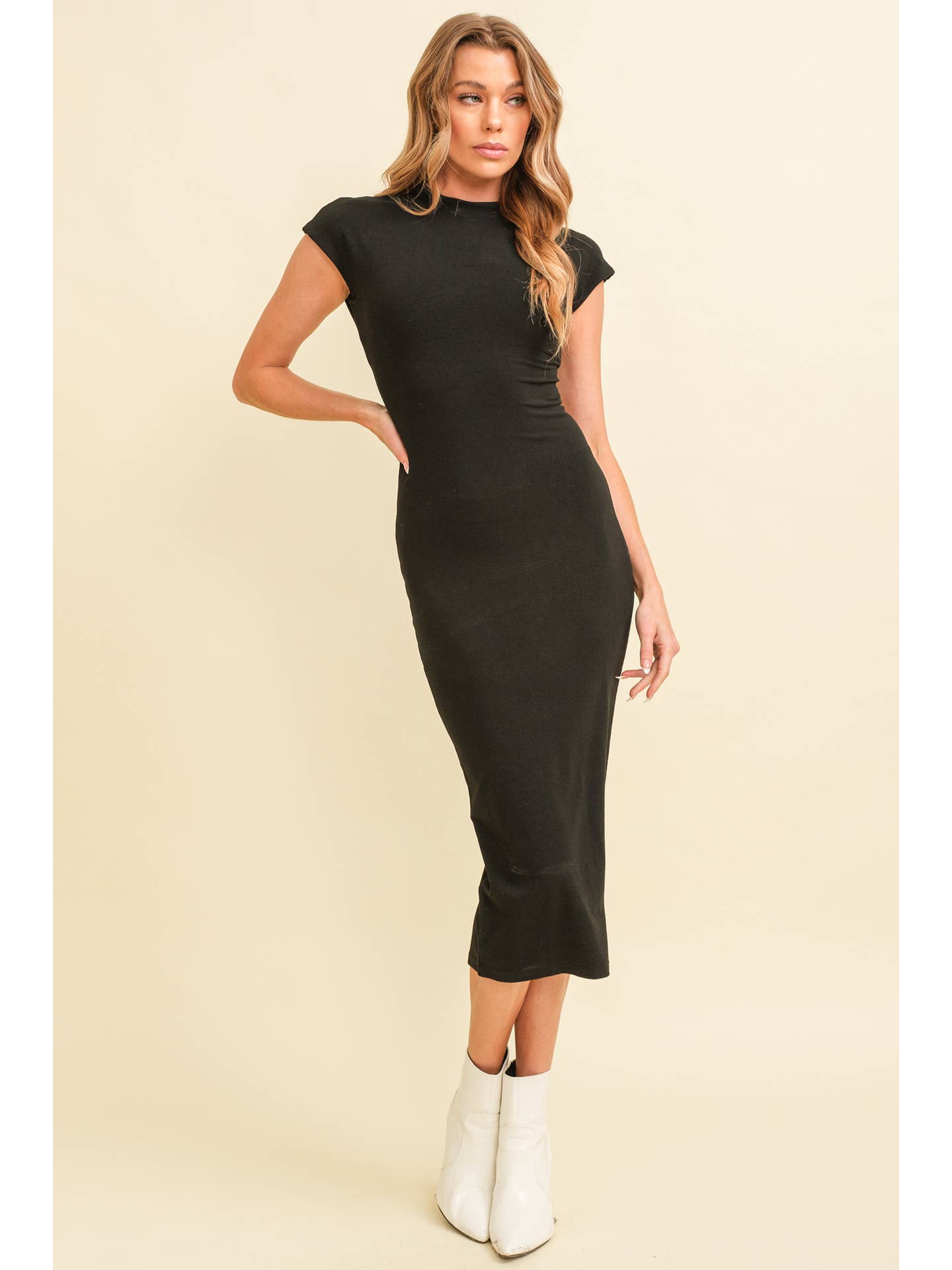 Cap Sleeve Midi Dress in Black