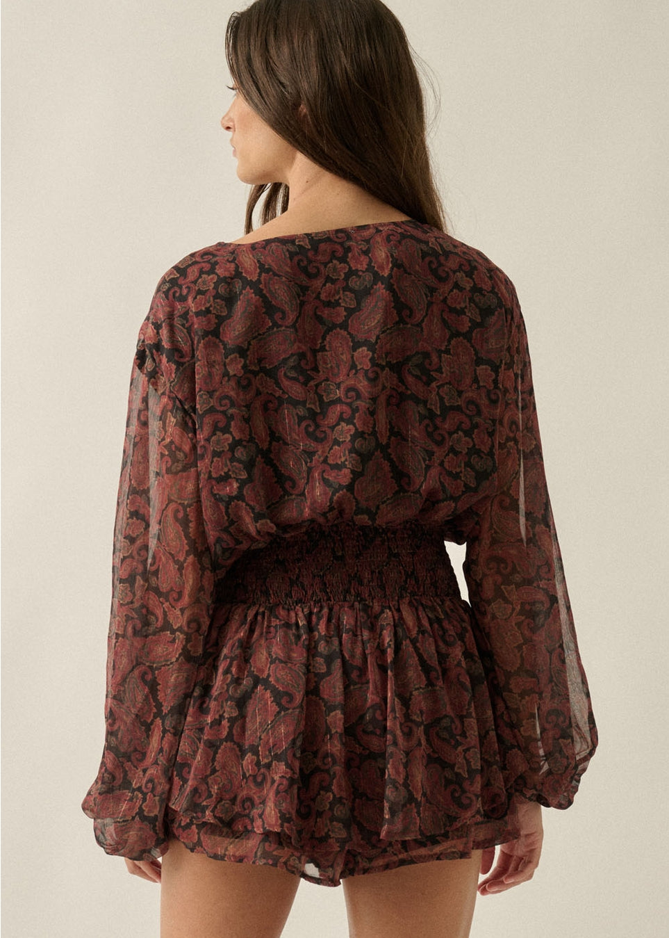 Paisley-Print Chiffon V-Neck Bubble-Sleeve Layered Romper
