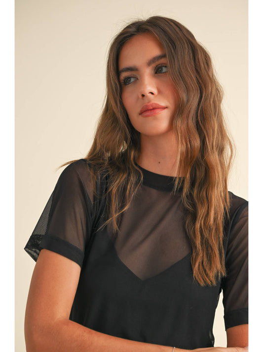 Short Sleeve Mesh Top in Black with Tank Top