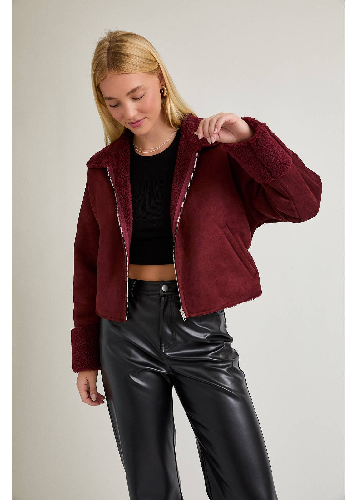 Fur Zip Up Suede Jacket in Burgandy
