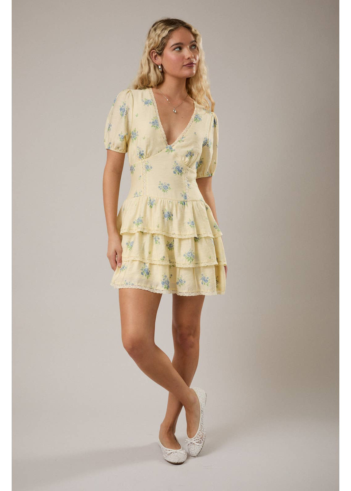Puff Short Sleeve V-Neck Tiered Dress
