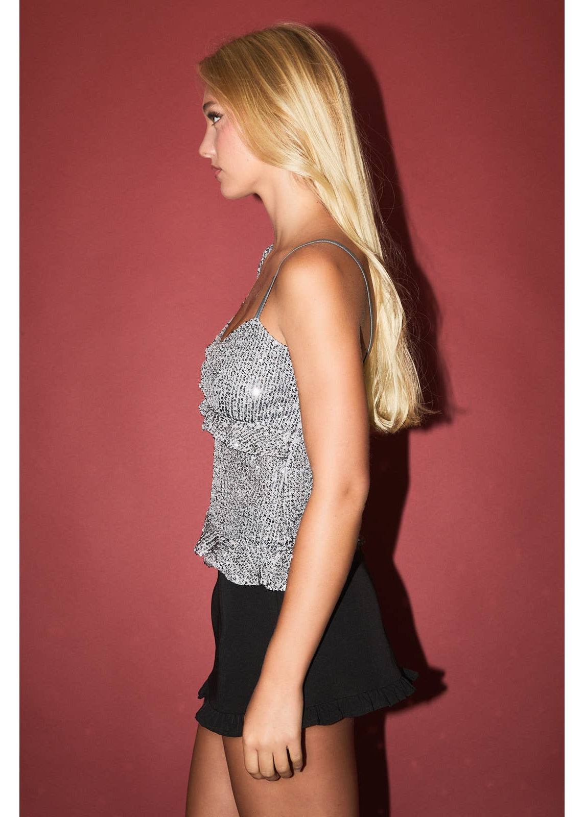 Sequin Top With Ruffle Detail